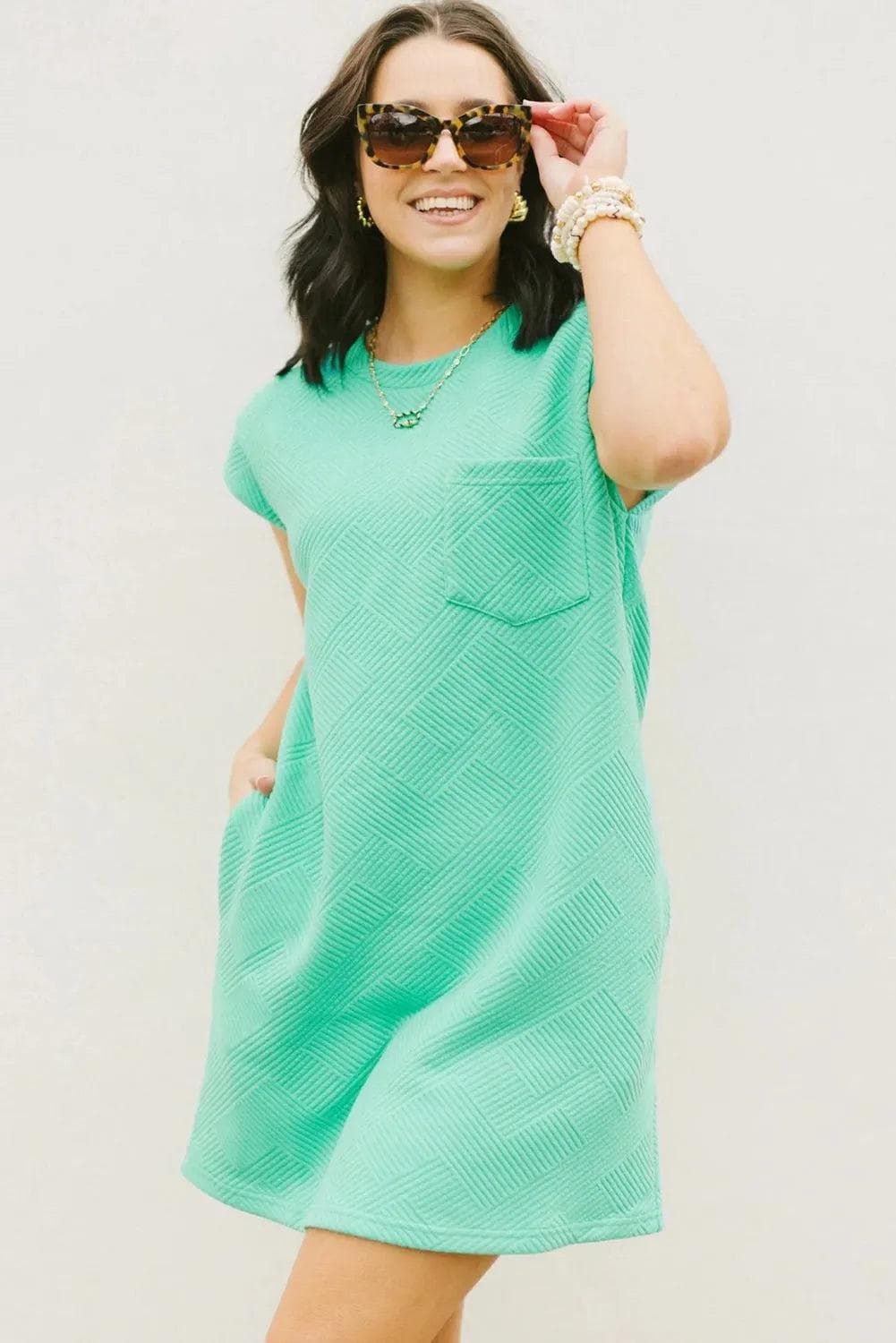 Dresses/T Shirt Dresses Mint Green Textured Cap Sleeve T Shirt Dress