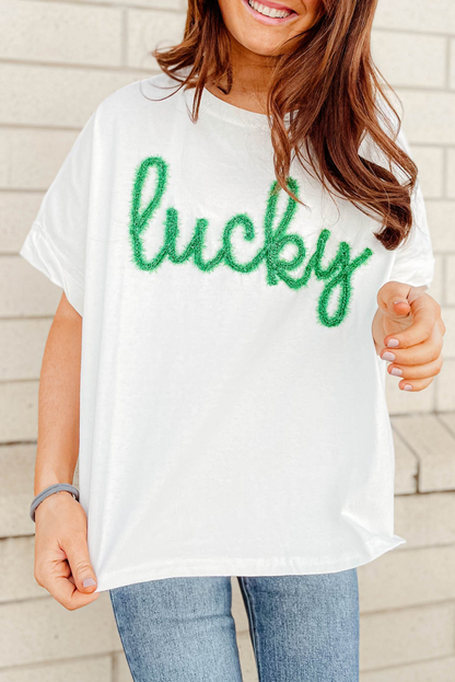 White Lucky Tinsel Graphic St Patrick Fashion Tee