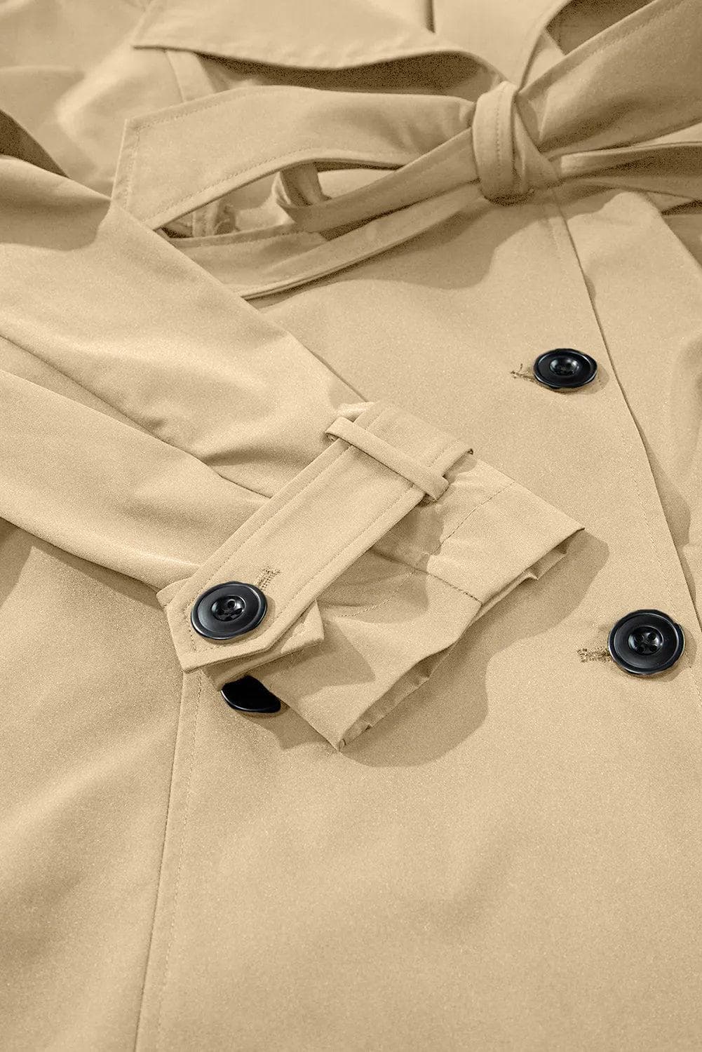 Outerwear/Coats Pale Khaki Solid Color Lapel Collar Waist Tie Wind Coat