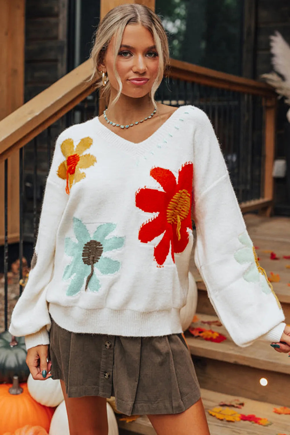 White Big Flower Pattern V Neck Drop Shoulder Sweater - Chic Meadow Boutique 