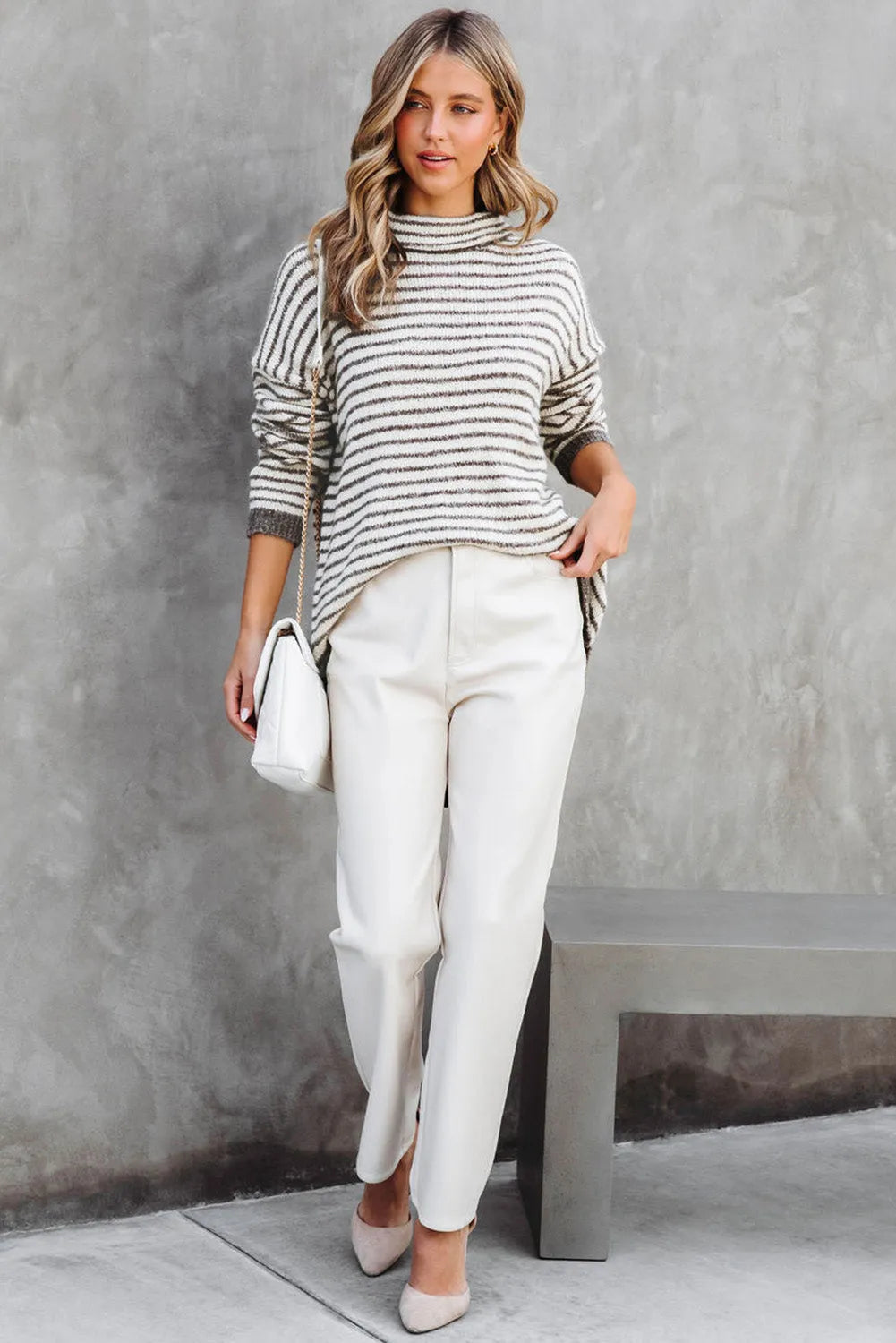 Khaki Striped Turtleneck Loose Sweater - Chic Meadow Boutique 