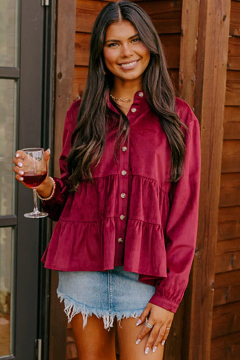 Burgundy Corduroy Ruffle Tiered Buttoned O Neck Shirt - Chic Meadow Boutique 