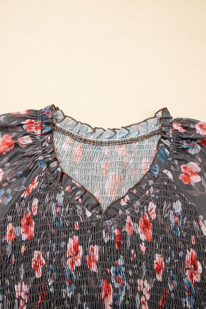 Brown Frilly Smocked Bodice Floral Mesh Long Sleeve Mini Dress