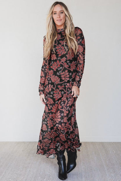 Black Retro Floral Print Long Sleeve Casual Mesh Dress