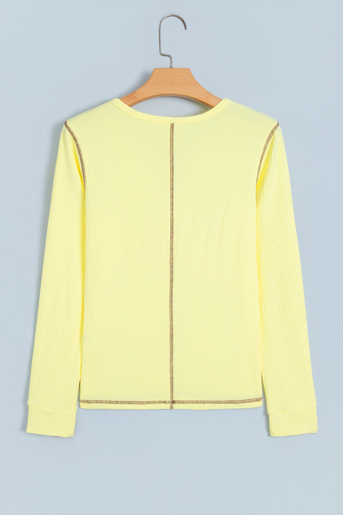 Banana Cream V Neck Ribbed Stitched Detail Long Sleeve Top