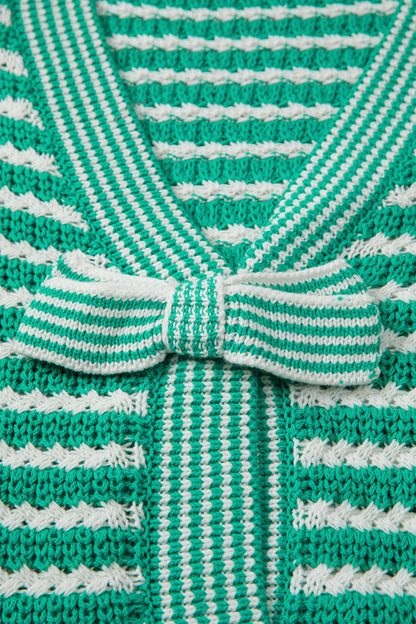Green Stripe Short Sleeve Knit V Neck Bow Knot Sweater