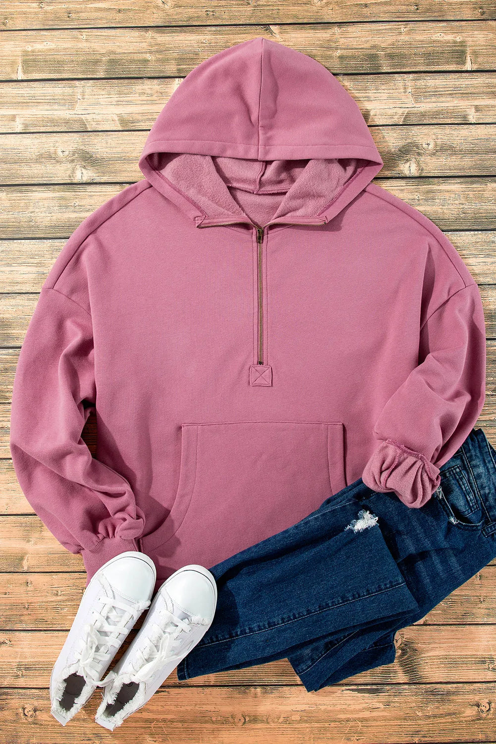 Valerian Fleece Lined Half Zipper Kangaroo Pockets Loose Hoodie - Chic Meadow Boutique 