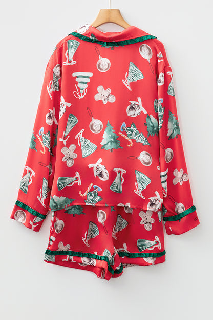 Red Christmas Fashion Print Contrast Ruffle Trim Ribbon Bow Knot 2pcs Pajama Set