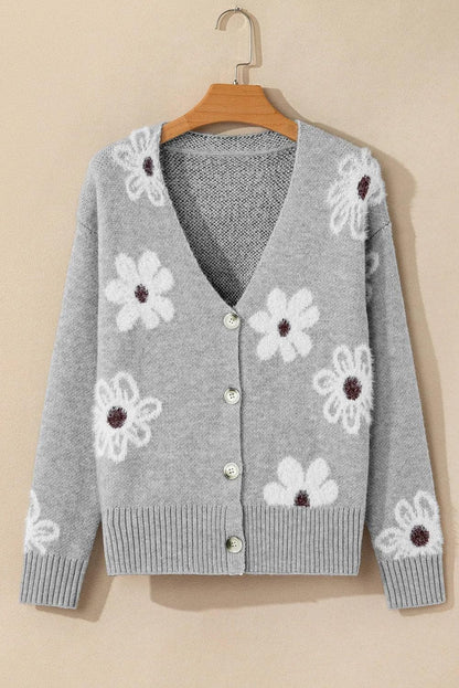 Sweaters & Cardigans/Cardigans Light Grey Floral Print V Neck Knitted Button up Cardigan