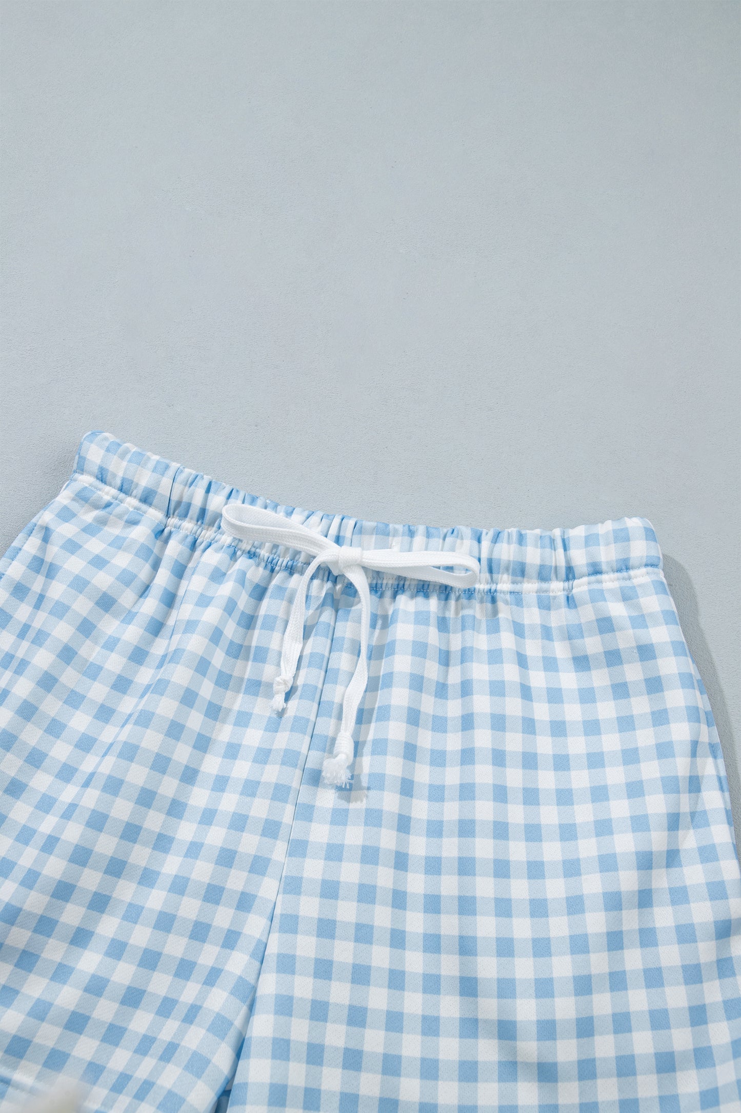 Sky Blue Plaid Baggy Pullover Drawstring Casual Shorts 2pcs Outfit