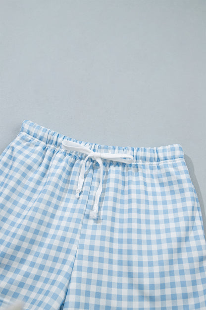 Sky Blue Plaid Baggy Pullover Drawstring Casual Shorts 2pcs Outfit