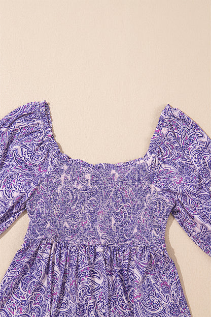 Purple Boho Paisley Print Half Sleeve Shirred Peplum Blouse