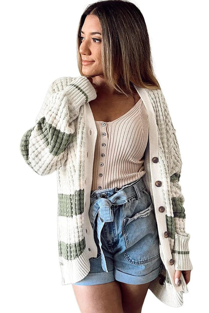 Green Colorblock Textured Knit Buttoned Cardigan - Chic Meadow Boutique 