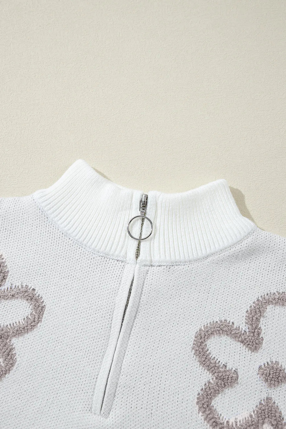 White Contrast Flower Half Zipper Stand Neck Sweater - Chic Meadow Boutique 