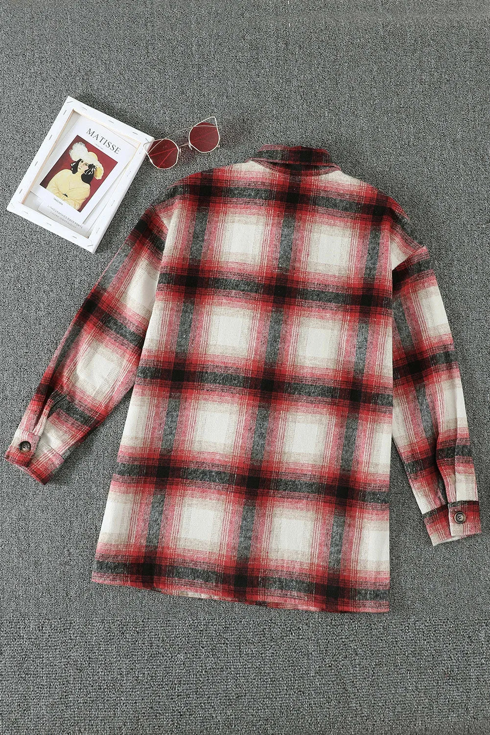 Red Turn down Neck Plaid Pocket Button Closure Coat - Chic Meadow Boutique 