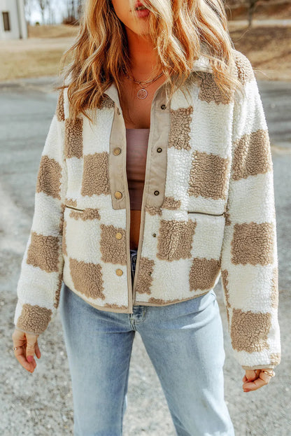 Brown Checked Snap Button Sherpa Jacket - Chic Meadow Boutique 