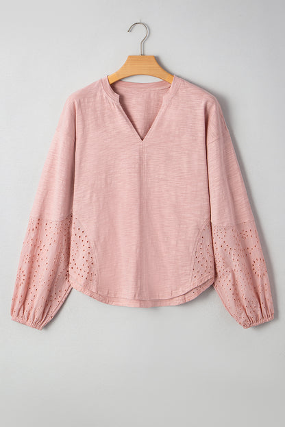 Light Pink Keyhole Notch V Neck Batwing Sleeve Blouse