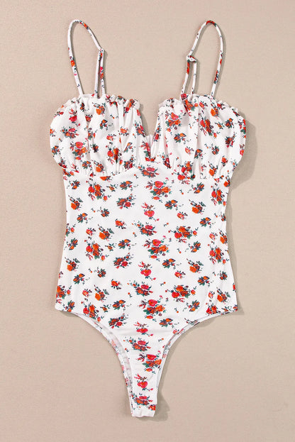 White Floral V Cut Frilled Trim Spaghetti Straps Bodysuit - Chic Meadow Boutique 