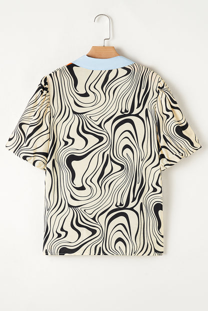 White Zebra Stripe Print Contrast V-Neck Ricrac Detail Short Sleeve Blouse Top