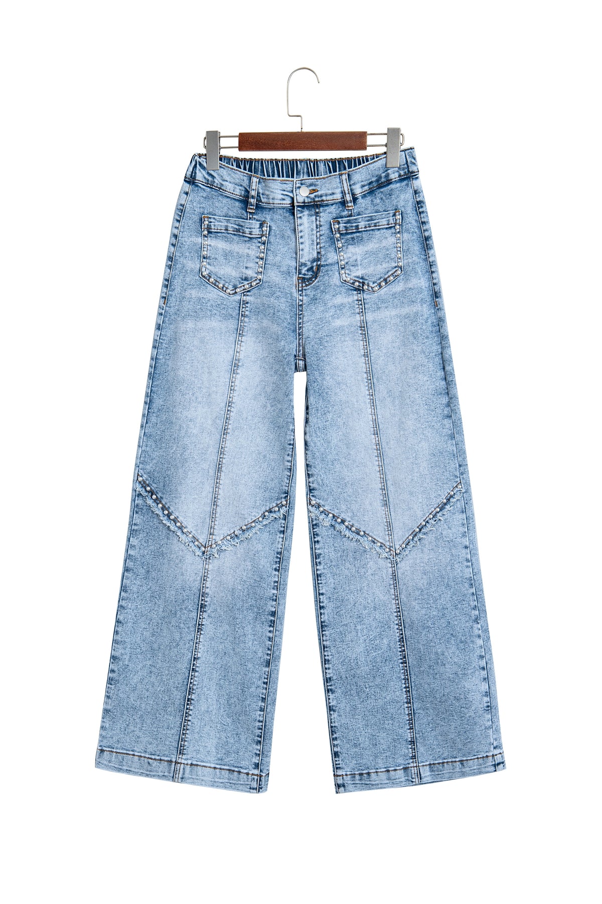 Beau Blue Frayed Studded Detail Wide Leg Pocketed Jeans