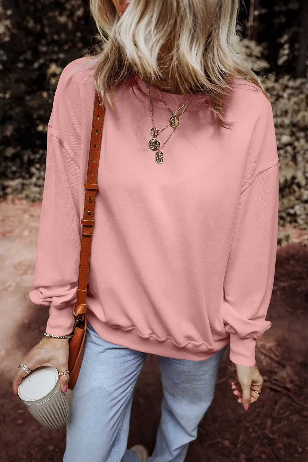 Pink Loose Drop Shoulder Ribbed Sweatshirt - Chic Meadow Boutique 