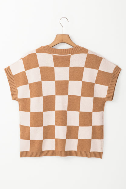 Light French Beige Colorblock Plaid Pattern Ribbed Trim Sweater Tank Top