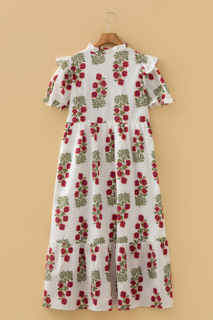 Beige Floral Short Bubble Sleeve Tiered Maxi Dress