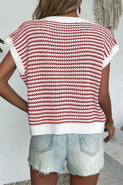 Red Stripe Ribbed Trim Loose Fit Knitted Sweater Vest - Chic Meadow Boutique 