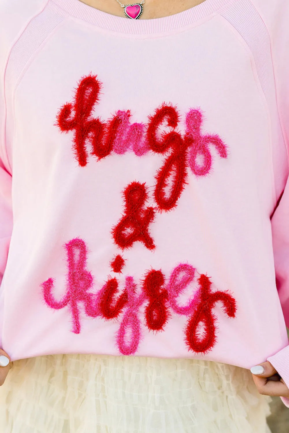 Pink Hugs and Kisses Pop Up Embroidered Raglan Sleeve Sweatshirt - Chic Meadow Boutique 