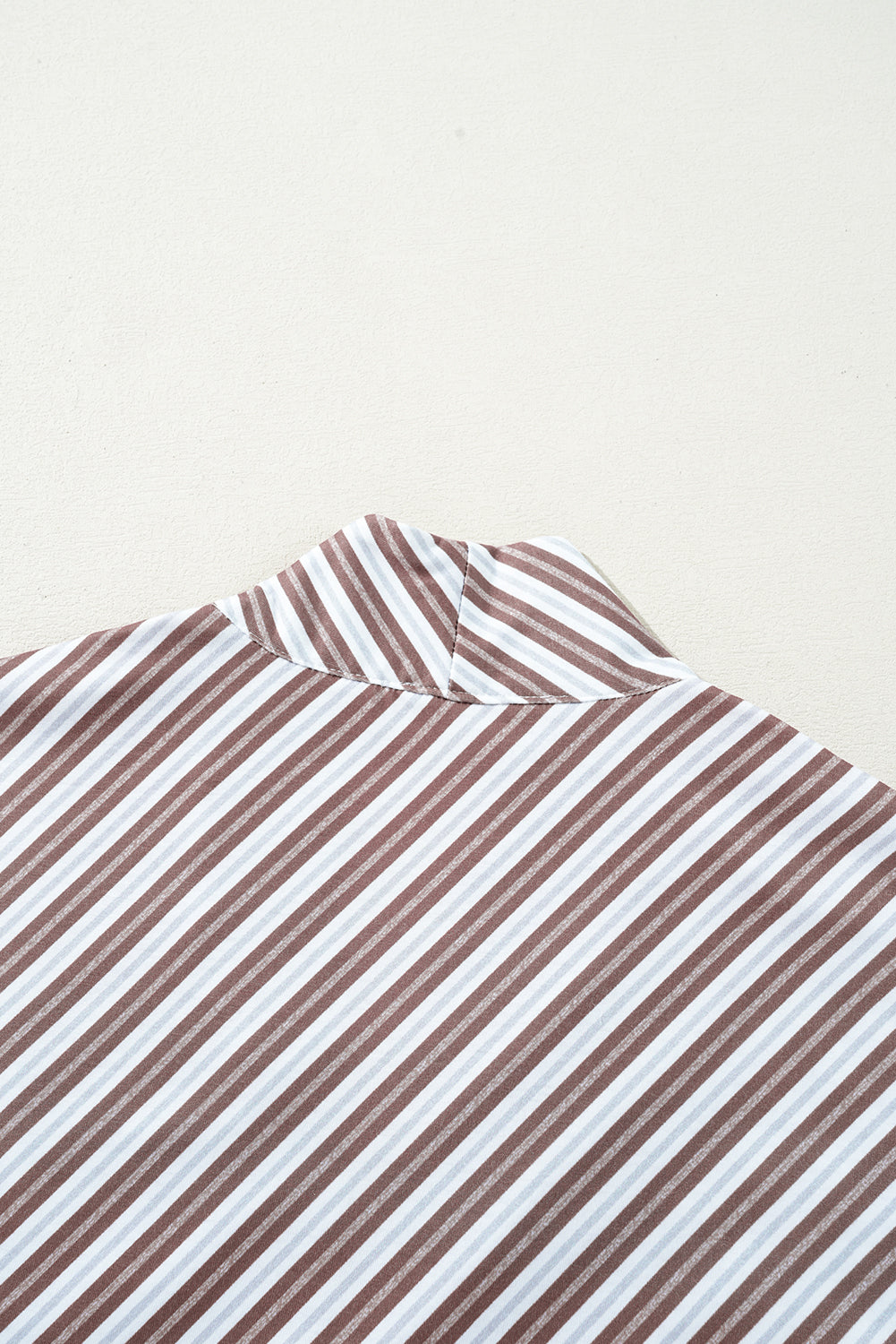 Chestnut Striped Stand V Neck Short Sleeve Blouse