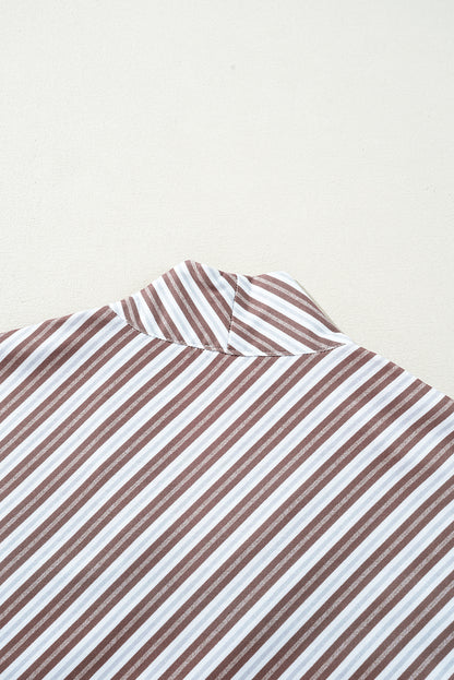 Chestnut Striped Stand V Neck Short Sleeve Blouse