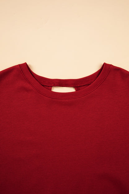 Racing Red Ribbed Detail Drop Shoulder Cutout Back Sweatshirt