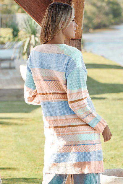 Multicolour Striped Printed Knitted Open Front Cardigan - Chic Meadow Boutique 