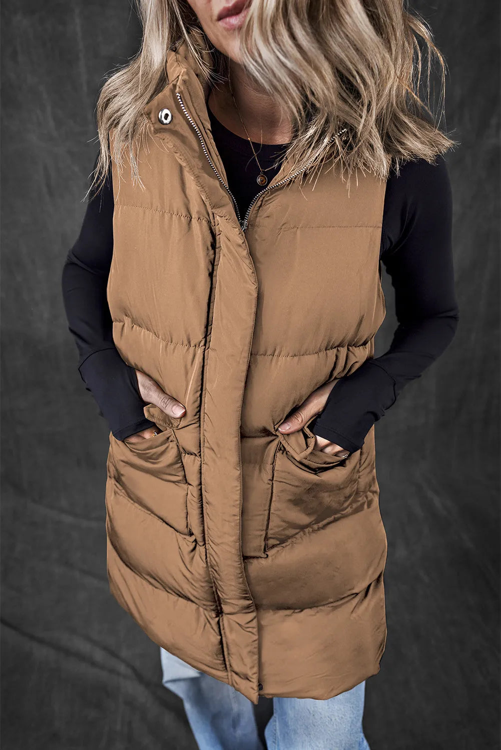 Coffee Windproof Longline Full Zipper Puffer Vest with Pockets - Chic Meadow Boutique 