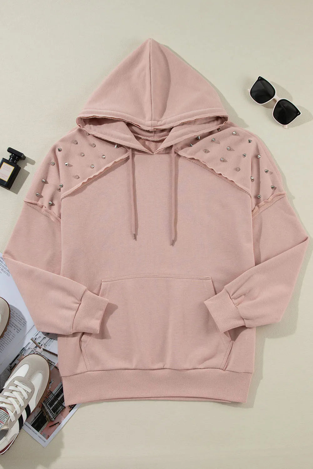 Fushia Solid Color Rivet Stud Raglan Sleeve Hoodie with Pocket - Chic Meadow Boutique 