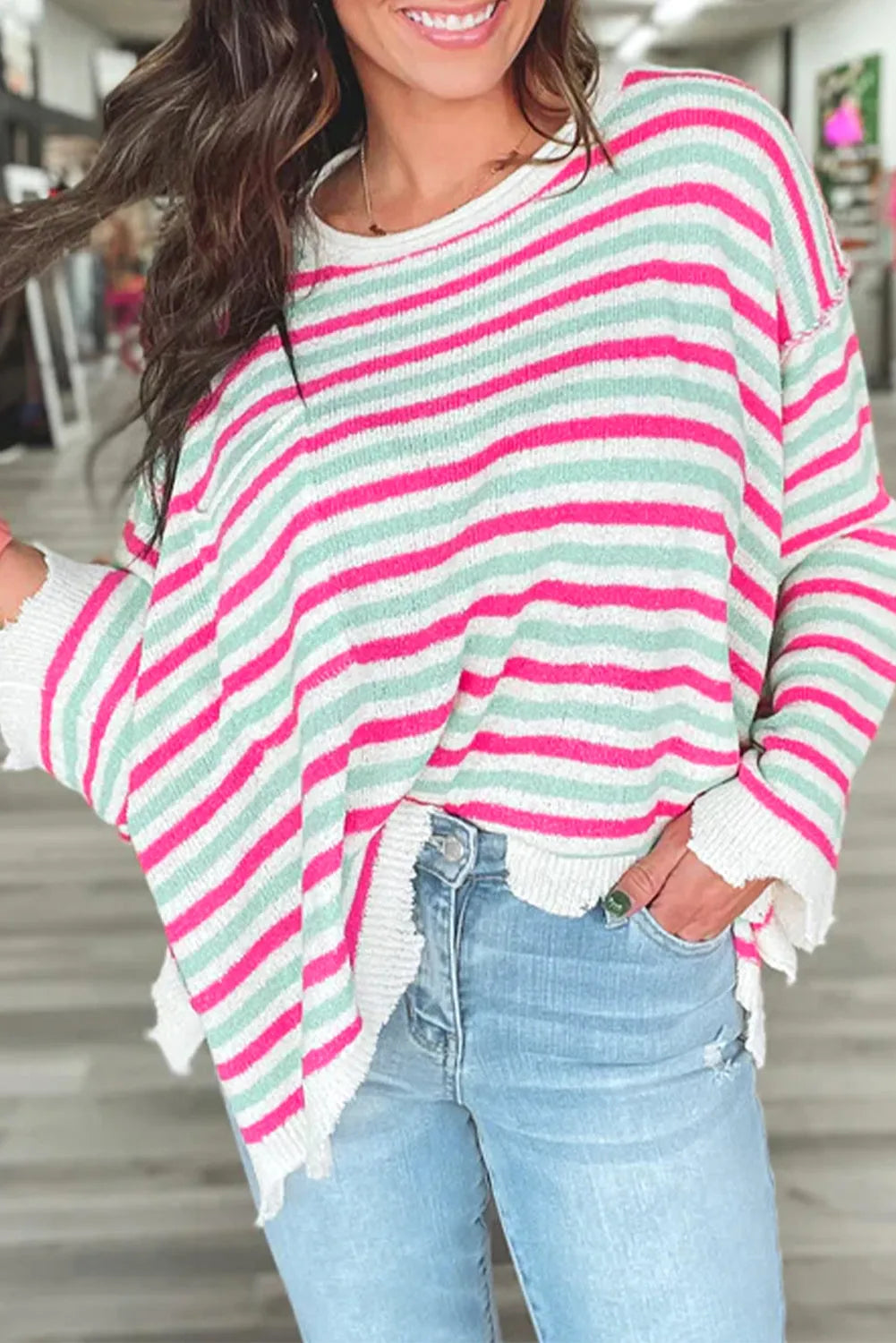 Rose Stripe Oversized Drop Shoulder Sweater with Pocket - Chic Meadow Boutique 