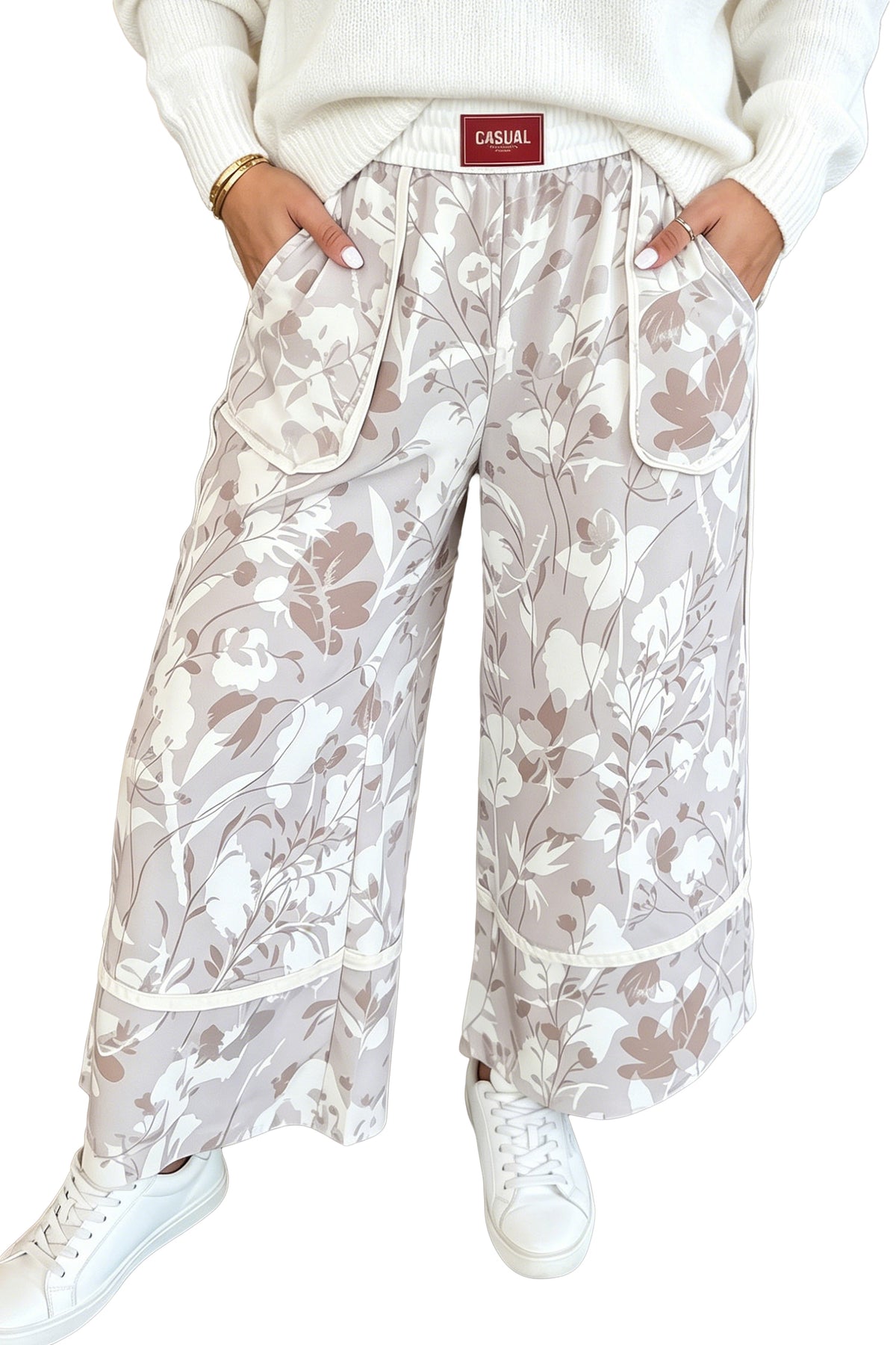 Gray Floral Camo Print Contrast Trim Plus Size Loose Pants