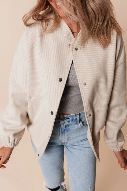 Beige Baseball Collar Snap Button Pocketed Bomber Jacket - Chic Meadow Boutique 