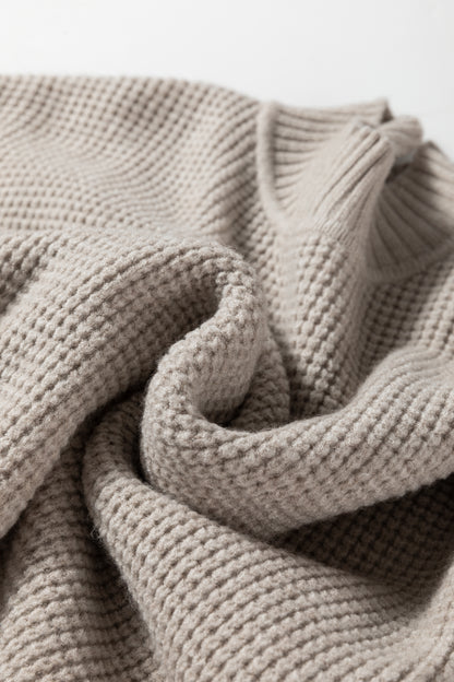 Gray Morn Waffle Texture Knit Ribbed High Neck Drop Shoulder Sweater