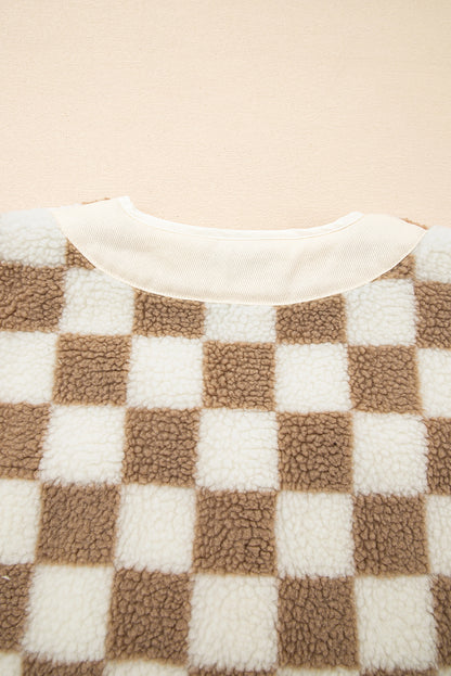 Brown Checkered Sherpa Buttoned Front Chunky Jacket