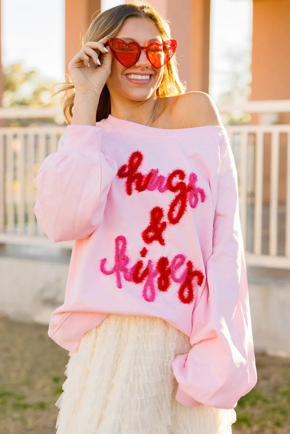 Pink Hugs and Kisses Pop Up Embroidered Raglan Sleeve Sweatshirt - Chic Meadow Boutique 