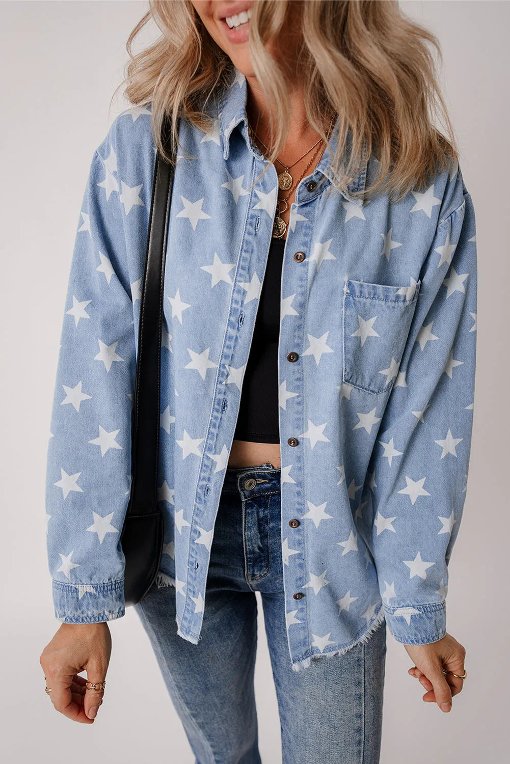 Sky Blue Star Print Light Wash Raw Hem Denim Jacket - Chic Meadow Boutique 