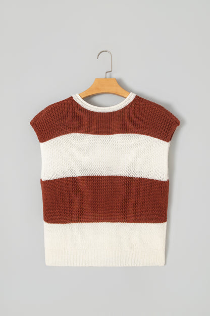 Brown Stripe Striped Colorblock Knit V Neck Short Sleeve Loose Sweater