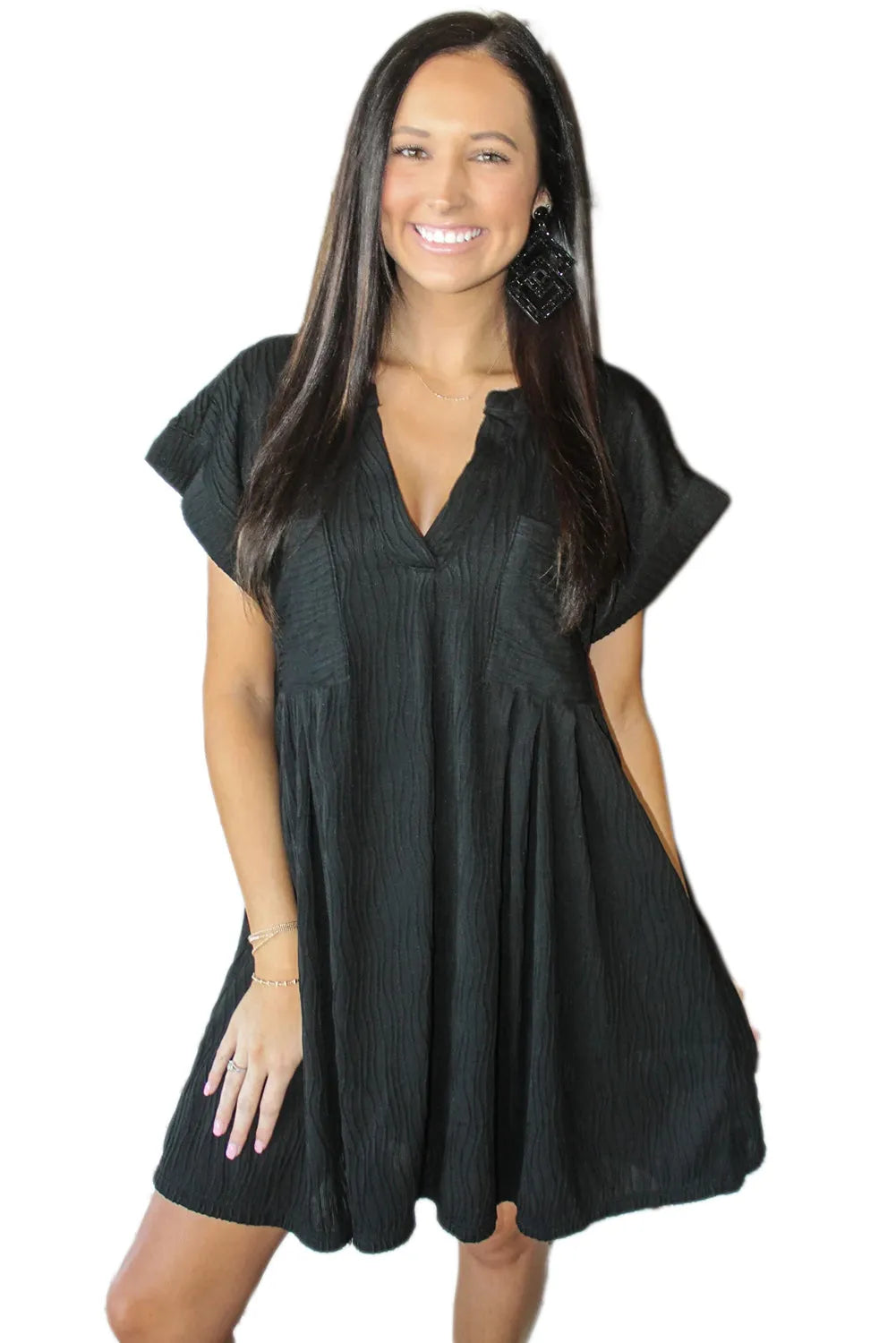 Black Textured V Neck Short Sleeve Pockted Mini Dress - Chic Meadow Boutique 