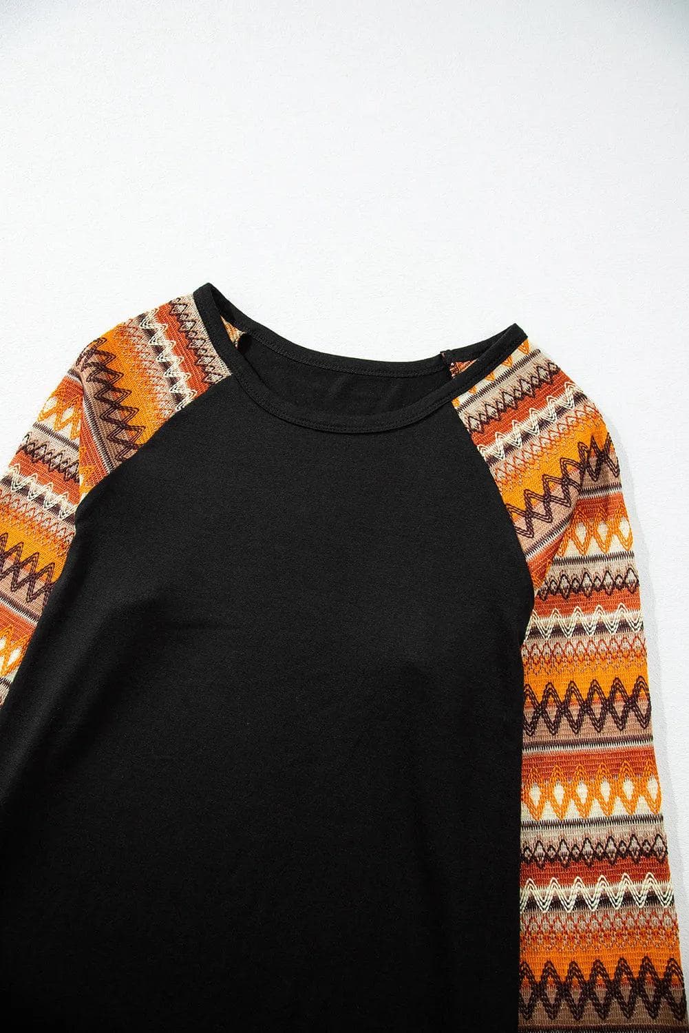 Tops/Long Sleeve Tops Orange Geo Print Raglan Patchwork Long Sleeve Tee