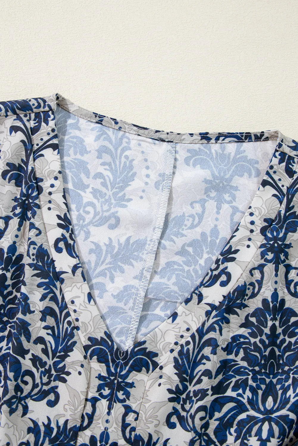 Blue Vintage Flower Tree Quarter Sleeve V Neck Blouse - Chic Meadow Boutique 