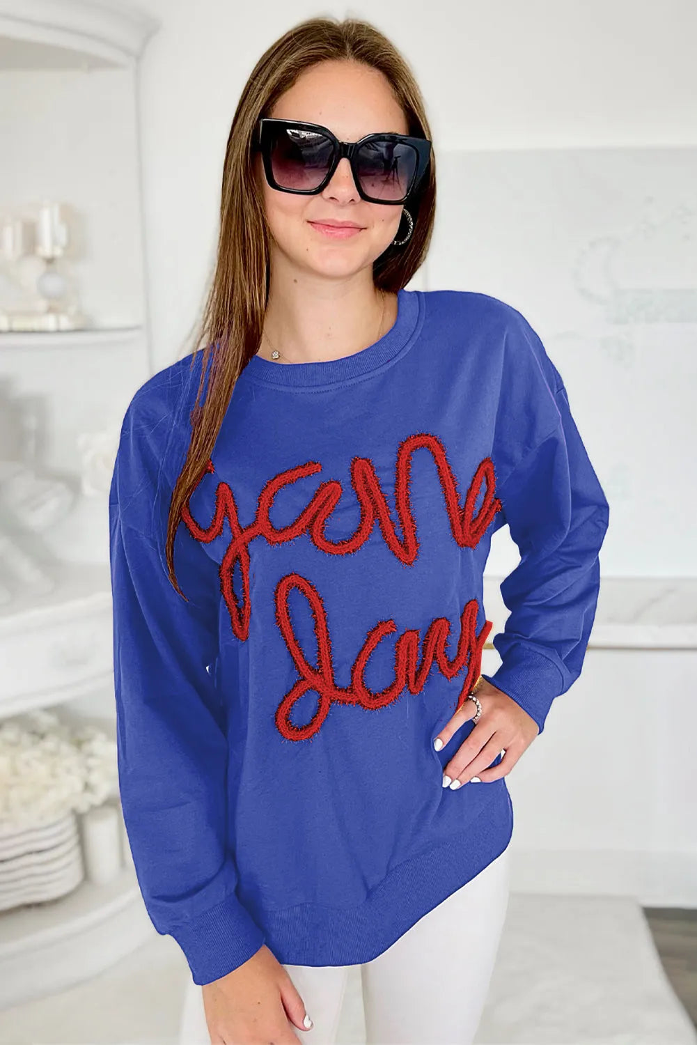 Dark Blue Tinsel Game Day Drop Shoulder Graphic Sweatshirt - Chic Meadow Boutique 