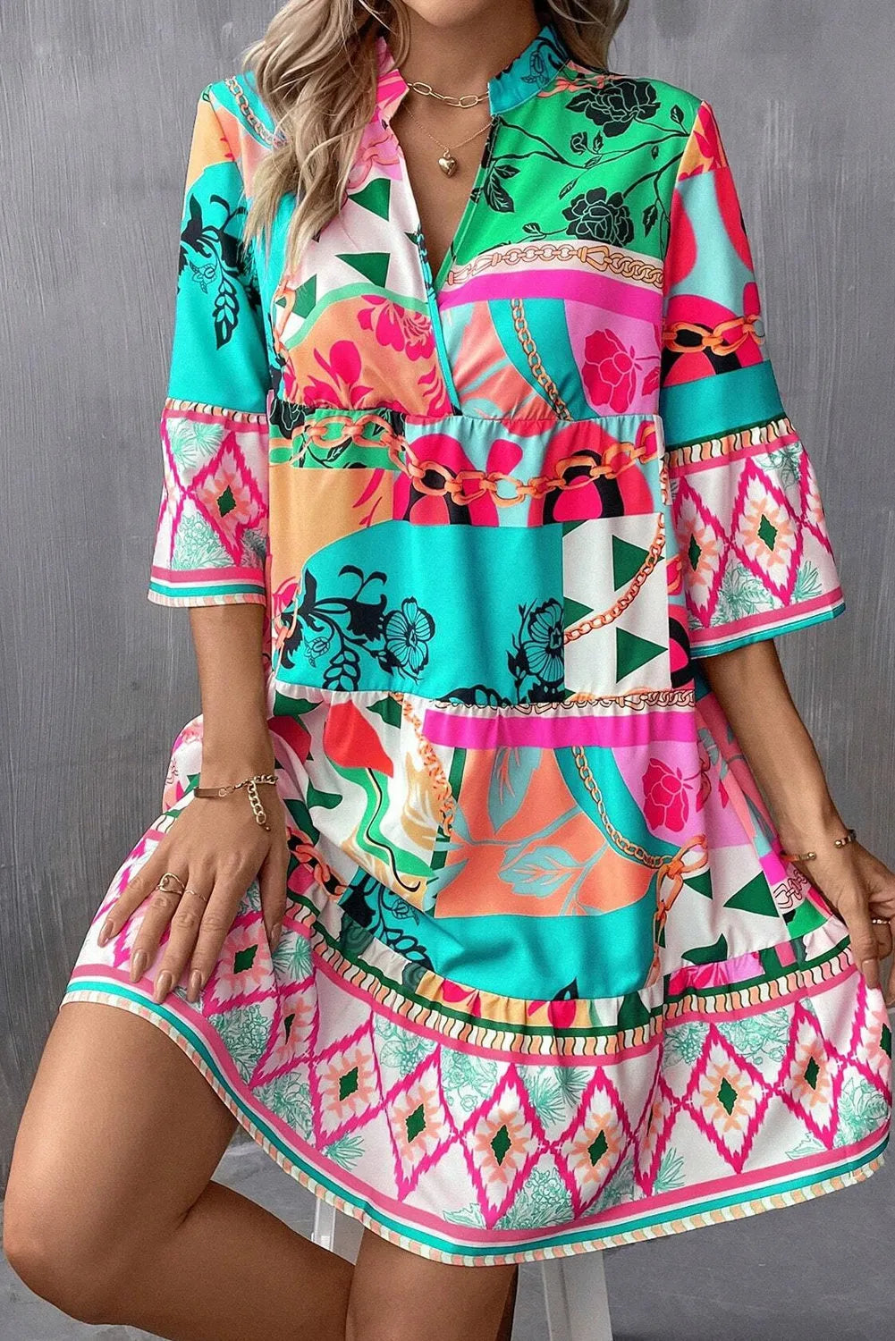 Multicolour Abstract Printed Half Sleeve Notched Neck Mini Dress - Chic Meadow Boutique 