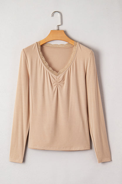 Smoke Gray Lace-trimmed Sweetheart Neckline Ruched Detail Long Sleeve T-shirt