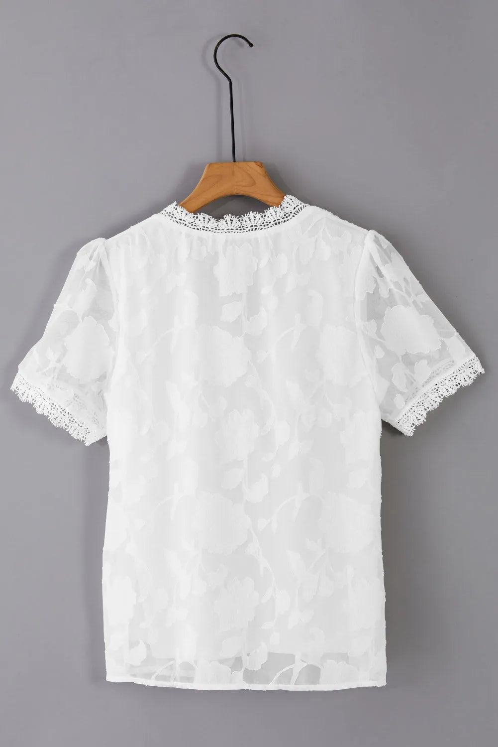 White Jacquard Lace Crochet Contrast V Neck T Shirt - Chic Meadow Boutique 